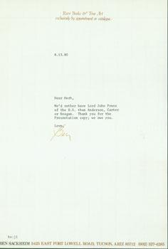 TLS Ben Sackheim to Herb Yellin, August 13, 1980. RE: Presentation copy.