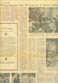 Seller image for Fine Printing Becomes Way Of Living For A Serious Hobbyist. The Modesto Bee, Wednesday January 5, 1966. Article about The Philter Press, Paul and Joyce Quyle. for sale by Wittenborn Art Books