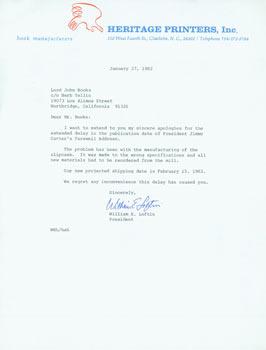 TLS William E. Loftin to Herb Yellin, January 27, 1982. RE: printing Jimmy Carter's Farewell Addr...