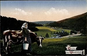 Ansichtskarte / Postkarte Gruß aus Westfalen, Bäuerin mit Kuh