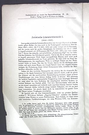 Seller image for Juristische Literaturbersicht I (1914-1928); Sonderabdruck aus: Archiv fr Papyrusforschung; for sale by books4less (Versandantiquariat Petra Gros GmbH & Co. KG)