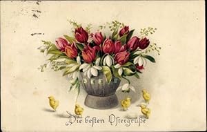 Ansichtskarte / Postkarte Glückwunsch Ostern, Küken, Blumen