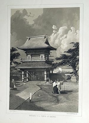 JAPAN,TEMPLE ENTRANCE AT HAKODATE Perry Expedition Antique Lithograph Print 1855