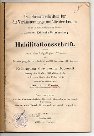 Bild des Verkufers fr Die Formvorschriften fr die Verusserungsgeschfte der Frauen nach langobardischem Recht : 1. Abschnitt: Kritische Untersuchung. Habilitationsschrift (Teildruck). zum Verkauf von Wissenschaftliches Antiquariat Kln Dr. Sebastian Peters UG