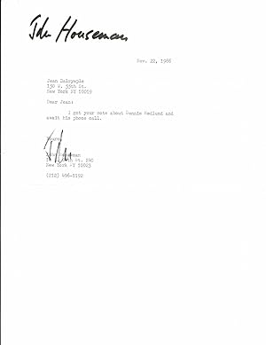 TYPED LETTER TO CITY CENTER PRODUCER JEAN DALRYMPLE SIGNED BY ACTOR AND PRODUCER JOHN HOUSEMAN.