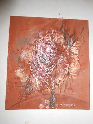 Mininatur: Die braune Rose; (Ein voller Strauß von Rosen in schmaler Vase); Mischtechnik; Origina...