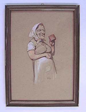 Alte Bäuerin mit Tasse. Mischtechnik (Bleistiftzeichnung, Kreide, leicht aquarelliert) auf Papier.
