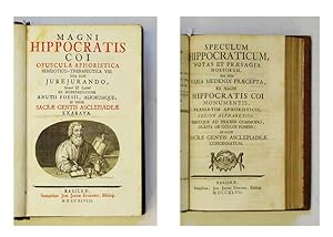 Seller image for Magni Hippocratis Coi, Opuscula Aphoristica semeiotico-therapeutica VIII. Una cum Jurejurando, Grce et Latine ex interpretatione A. Foesii, aliorumque . exarata. Beigebunden: Speculum Hippocraticum, notas et praesagia morborum, nec non varia medendi praecepta / ex magni Hippocratis Coi monumentis, . in usum sacrae gentis Asclepiadae concinnatum. for sale by antiquariat peter petrej - Bibliopolium AG