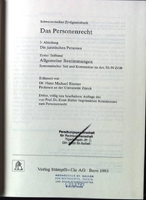 Seller image for Einleitung und Personenrecht. Abt. 3. Die juristischen Personen / Teilbd. 1. Allgemeine Bestimmungen / Systematischer Teil und Kommentar zu Art. 52 - 59 ZGB Berner Kommentar; Bd. 1. for sale by books4less (Versandantiquariat Petra Gros GmbH & Co. KG)