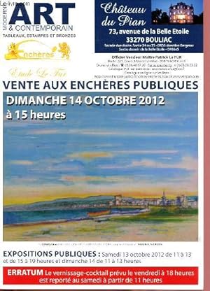 Image du vendeur pour Catalogue de vente aux enchre : 14 octobre 2012- Chteai du Pian - Bouliac : art moderne & contemporain : tanleuax, estampes, bronzes mis en vente par Le-Livre