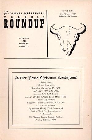 Bild des Verkufers fr The Denver Westerners' Monthly Roundup: November 1965, Vol 21, No. 11 zum Verkauf von Clausen Books, RMABA