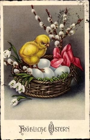 Ansichtskarte / Postkarte Glückwunsch Ostern, Küken auf Eierkorb, Weidenkätzchen, Schneeglöckchen