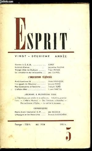 Image du vendeur pour Esprit n 214 - Contre la C.E.D., Lettre a Camus par Jacqueline Pauthe, Voyage chez les Pathans par Tibor Mende, La complaine du coelacanthe par Jean Cayrol, L'inquisition tlvise - Amricanisme 54 par Michel Franois, Les appuis du Snateur par Jacques mis en vente par Le-Livre