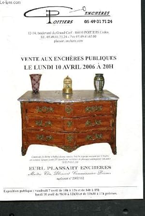 Bild des Verkufers fr Catalogue de vente aux enchres :10 avril 2006 - Htel des ventes - Poitiers : ensemble de meubles et objets mobiliers d'une maison poitevine (dont table d'encas de forme rognon, table de style Louis XV, commode Louis-Philippe en fruitier .) zum Verkauf von Le-Livre