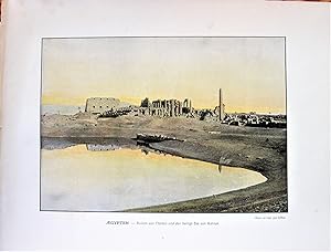 Antique Chromolithograph. Ruins of Thebes, Karnak Temple, Sacred Lake