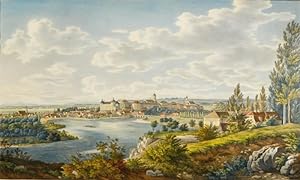 NEUBURG/Donau. "Neuburg". Blick von Norden über die Donau auf die Stadt mit dem beherrschenden Sc...