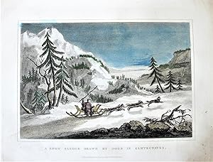 Antique Copperplate Engraving: A Snow Sledge Drawn By Dogs in Kamtschatka
