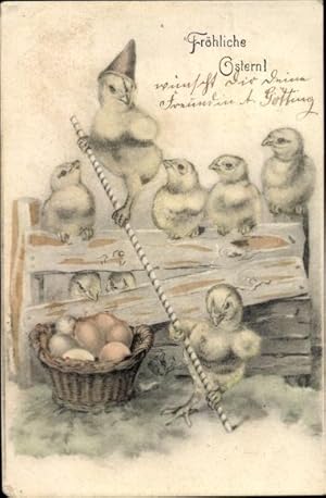 Ansichtskarte / Postkarte Glückwunsch Ostern, Küken, Ostereier im Weidenkorb