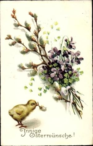 Ansichtskarte / Postkarte Glückwunsch Ostern, Küken, Weidenkätzchen, Veilchen