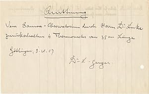 Handschriftliche, von Geiger signierte "Quittung. Vom Samoa-Observatorium durch Herrn Dr. Linke z...