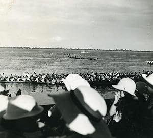 Cambodia Phnom Penh Regatta on Mekong River Spectators Old Photo 1935