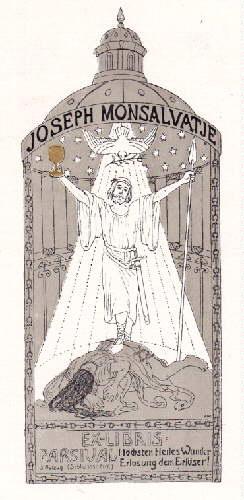 Bild des Verkufers fr Exlibris fr Joseph Monsalvatje. Farbiger Klischeedruck von Mathilde Ade. zum Verkauf von Antiquariat Heinz Tessin