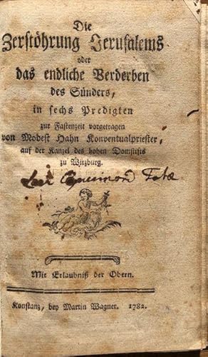 Seller image for Die Zersthrung Jerusalems oder das endliche Verderben des Snders, in sechs Predigten. for sale by Antiquariat Lohmann