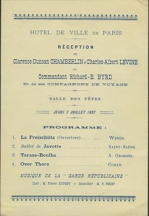 Imagen del vendedor de Hotel de Ville de Paris. Reception de Clarence Duncan Chamberlin & Charles Albert Levine du Commandant Richard E. Byrd et de ses Compagnons de Voyage. Sale des Fetes Jeudi Juillet 1927 a la venta por Antipodean Books, Maps & Prints, ABAA