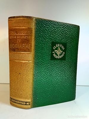 Imagen del vendedor de OBRAS COMPLETAS DE EMIL LUDWIG. Volumen IV. BIOGRAFAS: BOLIVAR. WAGNER. ROOSEVELT. EL MUNDO QUE YO HE VISTO. AUTOBIOGRAFA DE UN BIGRAFO. Coleccin Clsicos y Modernos. Editorial Juventud, Barcelona, 1963, No consta edicin, por lo que debe ser la primera. 1427 pginas. Cinta separadora. Tamao 180x125mm. Encuadernacin original en plena piel granulada en color verde en cubiertas y marrn en lomo con caracteres dorados sobre 2 tejuelos piel marrn. Buen estado, limpio de rastros de anteriores poseedores y bien cuidado aunque con sus lgicas seales de uso. Bisagras impecables y cortes simtricos, ambos detalles importantes en obras con estas elevadas paginaciones que muestran el buen trato recibido. a la venta por Librera Anticuaria Ftima