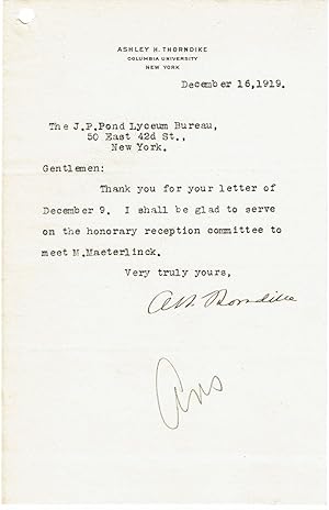 TYPED LETTER TO THE POND LECTURE BUREAU SIGNED BY EDUCATOR AND THEATRE HISTORIAN ASHLEY H. THORND...