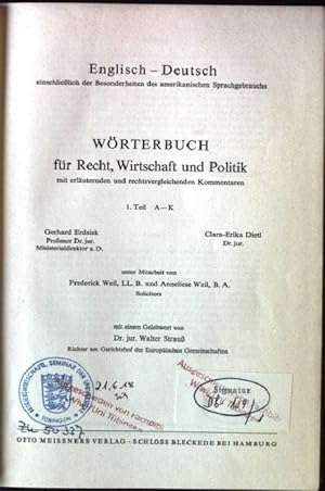 Seller image for Wrterbuch fr Recht, Wirtschaft und Politik, 1.Teil A-K, Englisch-Deutsch for sale by books4less (Versandantiquariat Petra Gros GmbH & Co. KG)