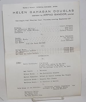 Imagen del vendedor de Norman J. Seaman's Interval Concerts presents Helen Gahagan Douglas assisted by Arpad Sandor, pianist; Carnegie Hall Recital Hall Thursday evening, September 27 a la venta por Bolerium Books Inc.
