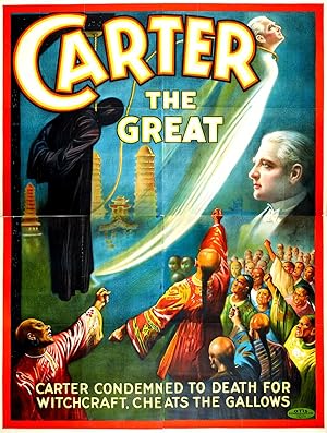 Image du vendeur pour CARTER The GREAT. LARGE 9ft x 7 ft Exterior wall Theatre POSTER c1912. (106 x 80 inches) ORIGINAL early 20th century Magicians Poster + SIGNED book by David Glen Gold "Carter Beats The Devil" 2001 mis en vente par Colophon Books (UK)