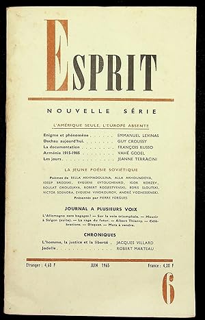 Seller image for Esprit Nouvelle srie n339, juin 1965 - L'Amrique seule, l'Europe absente. La jeune posie sovitique for sale by LibrairieLaLettre2
