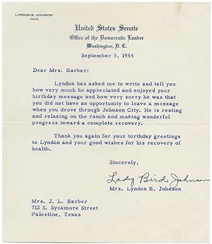 Seller image for TYPED LETTER, SIGNED, FROM LADY BIRD JOHNSON TO MRS. J.L. BARBER, THANKING HER FOR HER CONCERN OVER LYNDON JOHNSON'S HEALTH] for sale by William Reese Company - Americana