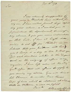 Seller image for AUTOGRAPH LETTER, SIGNED, FROM WILLIAM BRADFORD, JR. TO JOSEPH CLARK, LEAVING CLARK IN CHARGE WHILE BRADFORD IS AWAY] for sale by William Reese Company - Americana
