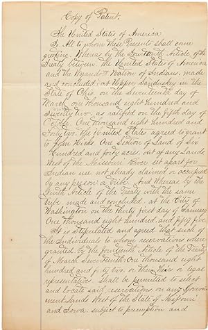 Seller image for COPY OF A PATENT ORIGINALLY ISSUED BY PRESIDENT ABRAHAM LINCOLN TO JOHN HICKS IN MISSOURI] for sale by William Reese Company - Americana
