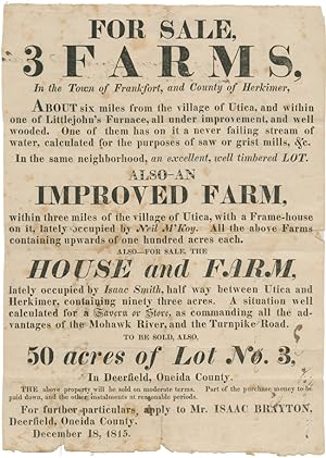 FOR SALE, 3 FARMS IN THE TOWN OF FRANKFORT, AND COUNTY OF HERKIMER.[caption title]: [New York State...