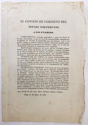Seller image for EL CONSEJO DE GOBIERNO DEL ESTADO NOR-PERUANO A LOS PUEBLOS for sale by William Reese Company - Americana