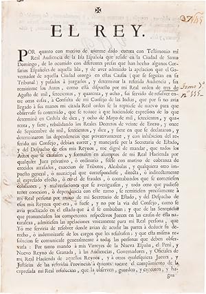 Seller image for EL REY. POR QUANTO CON MOTIVO DE AVERMO DADO CUENTO CON TESTIMONI MI REAL AUDIENCIA DE LA ISLAN ESPAOLA QUE RESIDE EN LA CIUDAD DE SANTO DOMINGO, DE LO OCURRIDO CON DIFERENTES PRESAS QUE HAN HECHO ALGUNOS CORSARIOS ESPAOLES DE AQUELLA ISLA.[caption title] for sale by William Reese Company - Americana