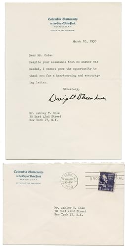 [TYPED LETTER, SIGNED, FROM DWIGHT D. EISENHOWER TO ASHLEY T. COLE, THANKING HIM FOR WRITING]