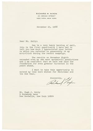 [TYPED LETTER, SIGNED, FROM RICHARD NIXON TO HUGH J. KELLY, THANKING HIM FOR HIS SUPPORT]