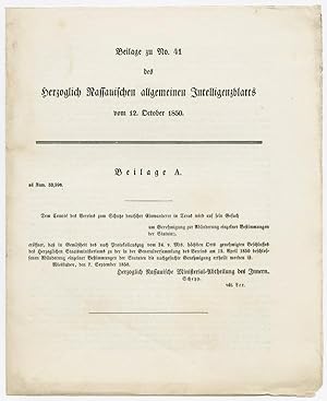 Seller image for BEILAGE ZU No. 41. DES HERZOGLICH RASSANISCHEN ALLGEMEINEN INTELLIGENZBLATTS VON 12. OCTOBER 1850 for sale by William Reese Company - Americana