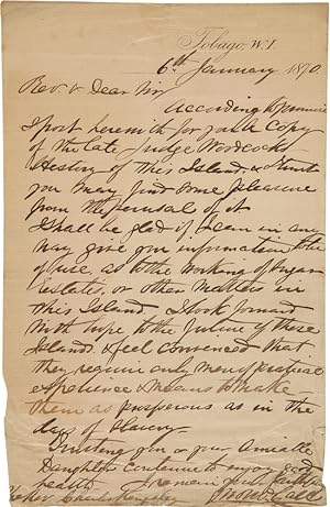 Seller image for AUTOGRAPH LETTER, SIGNED, FROM A TOBAGO PLANTATION OWNER TO ONE REV. CHARLES KINGSLEY] for sale by William Reese Company - Americana