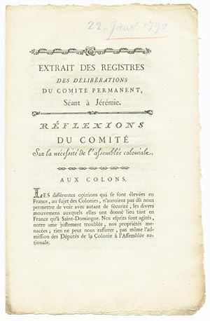 EXTRAIT DES REGISTRES DES DÉLIBÉRATIONS DU COMITÉ PERMANENT, SÉANT À JÉRÉMIE [caption title]