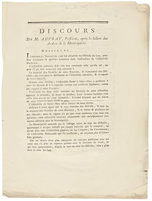 DISCOURS DE M. AUVRAY, PRESIDENT, APRÈS LA LECTURE DES ARRÊTÉS DE LA MUNICIPALITÉ [caption title]