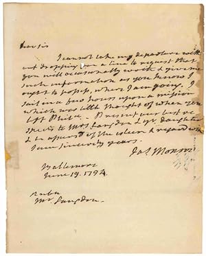 [AUTOGRAPH LETTER, SIGNED, FROM JAMES MONROE TO SENATOR JOHN LANGDON OF NEW HAMPSHIRE, ASKING HIM...