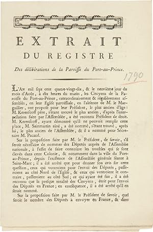 EXTRAIT DU REGISTRE DES DÉLIBÉRATIONS DE LA PAROISSE DU PORT-AU-PRINCE [caption title]