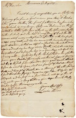 [AUTOGRAPH LETTER, SIGNED, FROM LEWIS MORRIS TO HIS SON, JACOB, CONGRATULATING HIM ON THE BIRTH O...