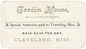 Seller image for BUSINESS CARD ADVERTISING AN ESTABLISHMENT WHICH PARTICULARLY CATERS TO TRAVELING GENTLEMEN] for sale by William Reese Company - Americana